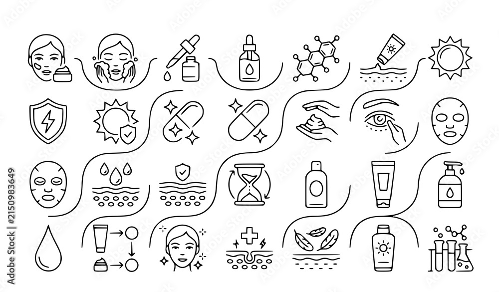 Fototapeta premium Minimal Skincare and Facial Protection Line Icon Collection with Sunscreen and Serum