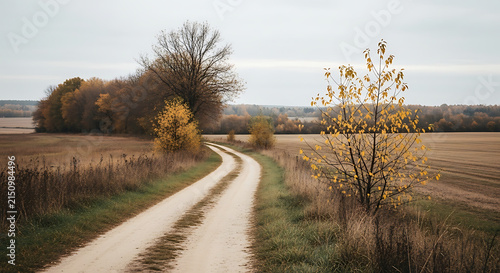 Winding rural path through golden autumn fields under a soft overcast sky during fall
