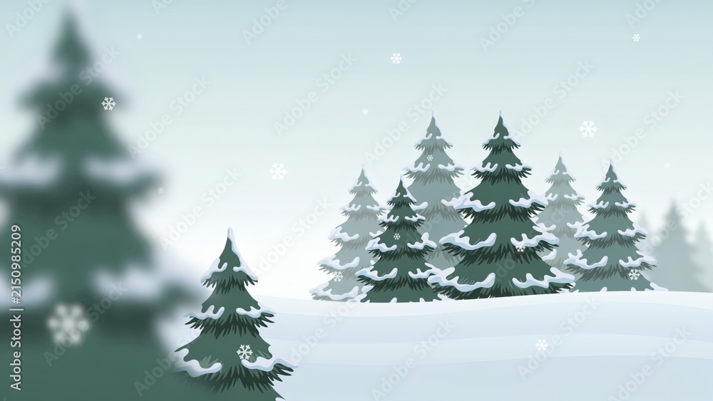 Obraz premium Snowy winter forest landscape with pine trees with trees falling snowflakes displays serene winter scene snow covered background vegetation with outdoors