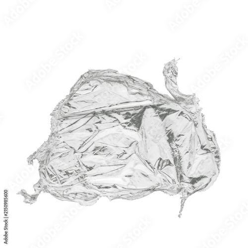 Crumpled silver aluminum foil horizontal crumpled pile with complex folds on white background, metallic texture isolated