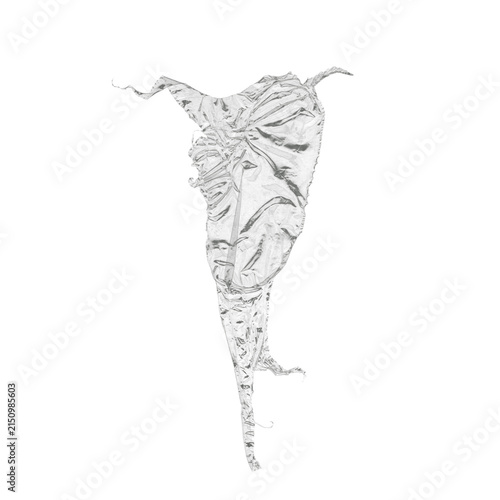 Crumpled silver aluminum foil hanging twisted elongated shape with sharp folds on white background, metallic abstract texture isolated