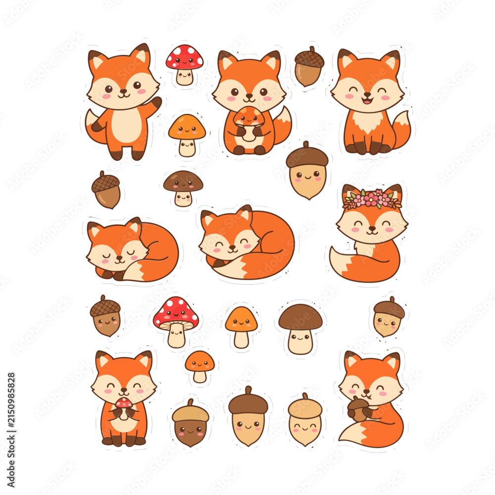 Obraz premium Cute kawaii fox sticker set vector illustration with playful forest animals and nature icons