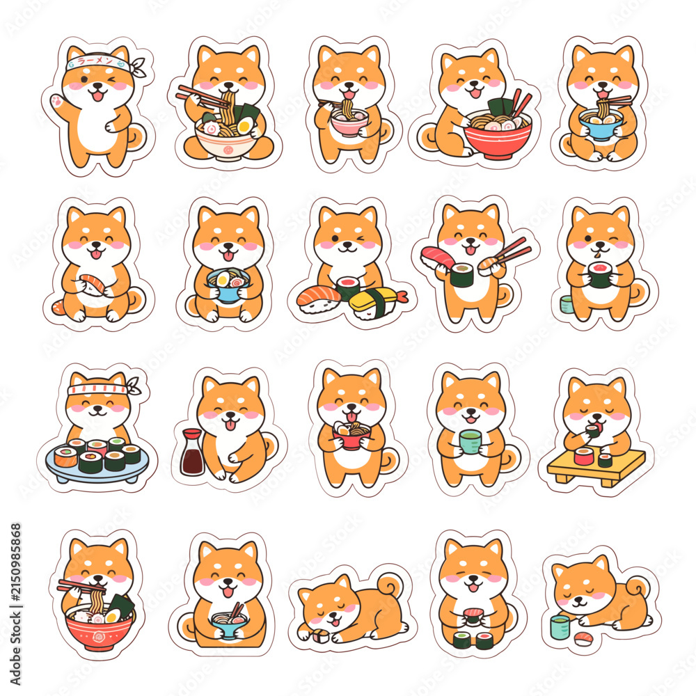 Fototapeta premium Cute Shiba Inu dog cartoon sticker set with playful expressions and activities in flat vector design