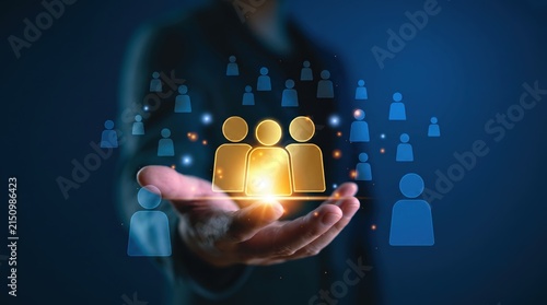 Hand holding glowing community network icons, social connection, team building collaboration, human resources management, digital networking platform, user group engagement