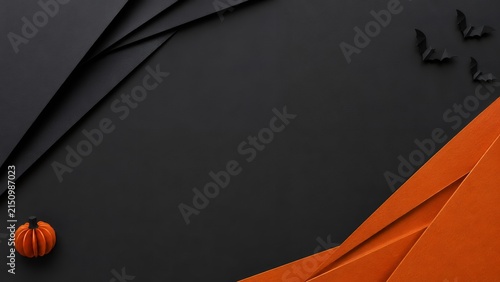 Halloween sale banner background with black paper texture, orange geometric folds, bats, and small pumpkin