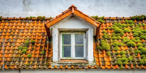 A dormer window with white frame nestled in a moss-covered orange tiled roof