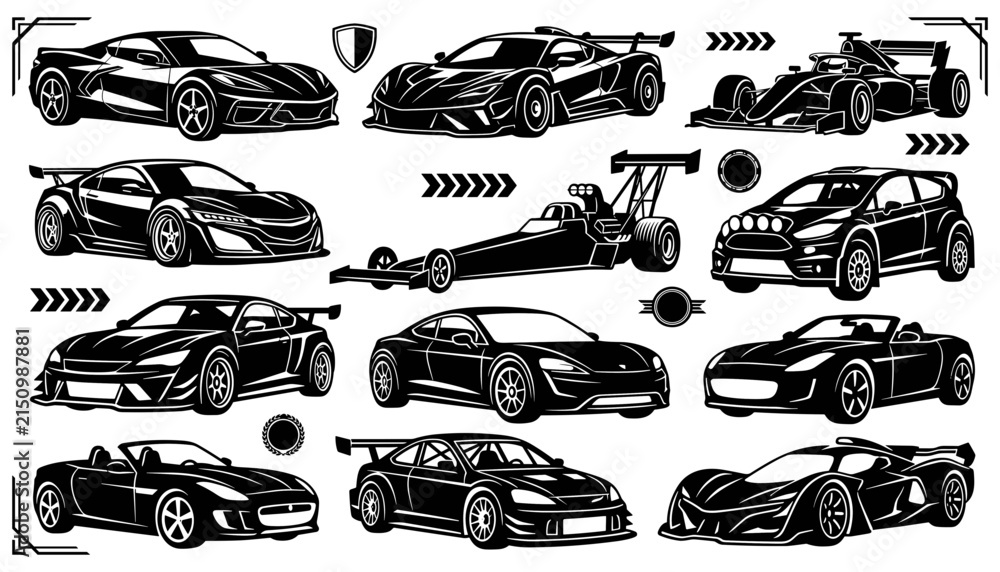 Fototapeta premium High Performance Racing Sports Cars Vector Icon Set Featuring Supercar Formula One Dragster Rally and Convertible