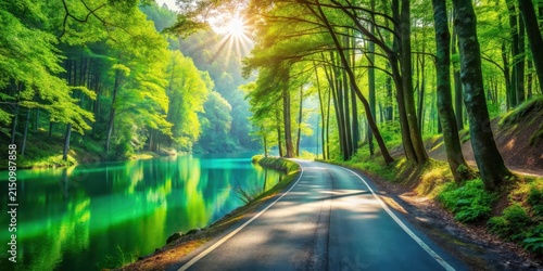 Serene morning sunbeams illuminate a winding road beside a tranquil lake nestled within a lush green forest, creating a picturesque and idyllic landscape.