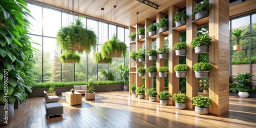 Modern sunlit interior with a vibrant indoor garden featuring hanging plants and a wooden planter wall