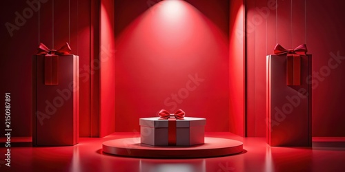 A Festive Red Setting Showcases a Single Gift Box with a Large Red Bow, Flanked by Two Tall Red Gift Boxes, All on a Red Platform Under a Single Spotlight