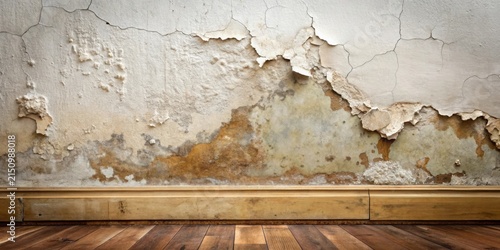 A Damaged Wall with Peeling Plaster and Water Damage, Showing the Aged Wood Baseboard and Floor
