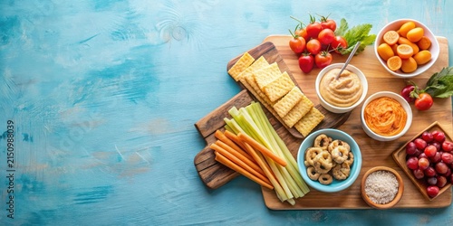 A delightful spread of healthy snacks, including crunchy crackers, vibrant vegetable sticks, sweet fruit, and flavorful dips, arranged on rustic wooden boards against a textured blue background.