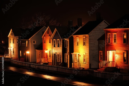 Row of illuminated houses at night with warm light glowing from against a dark sky