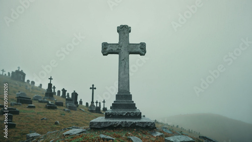A weathered stone cross grave marker in an old, foggy cemetery on a hillside