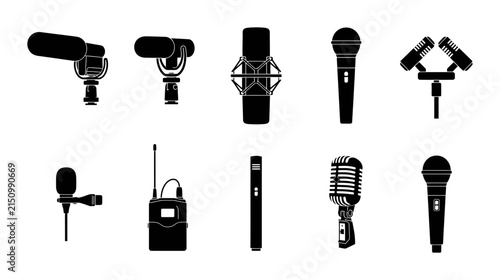Microphone Silhouette Pack Vector Set with Audio Equipment and Sound Recording Gear