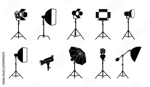 Studio Lighting Equipment Silhouette Pack Featuring Professional Photography Gear and Stands