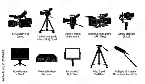 Video Production Equipment Silhouette Pack Featuring Professional Cameras Tripods and Audio Gear
