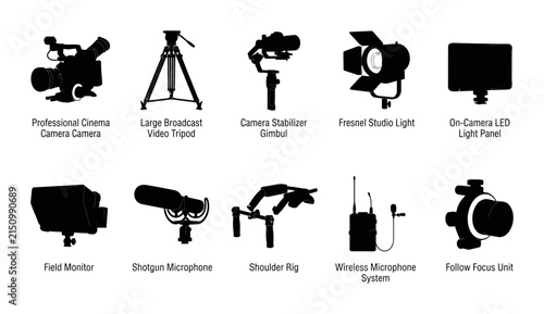 Professional Videography Equipment Silhouette Pack Featuring Camera Gimbal Tripod and Studio Light Icons