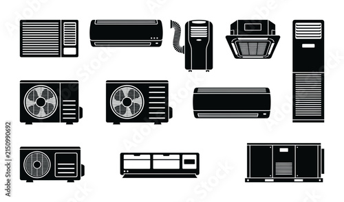 Air Conditioner Silhouette Pack Vector Collection Set of Cooling Systems and Units