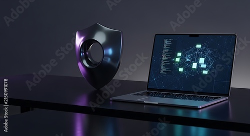 Cybersecurity concept with metallic shield icon and laptop displaying digital network lock interface on dark table