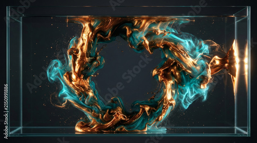 Swirling Teal and Gold Ink Ring in Glass Tank