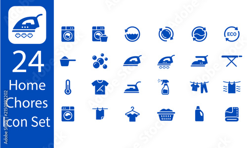 Home chores vector icon set featuring 24 blue laundry ironing washing machine and garment care symbols