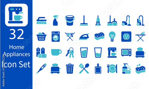 Home appliances icon set featuring 32 blue vector symbols for cleaning kitchen and household equipment