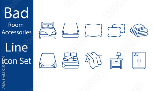Bedroom accessories line icon set including bed mattress pillow blanket duvet and wardrobe vector elements