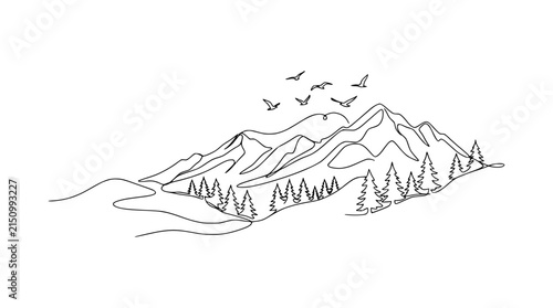 Continuous one line drawing of mountain range landscape with pine forest and flying birds