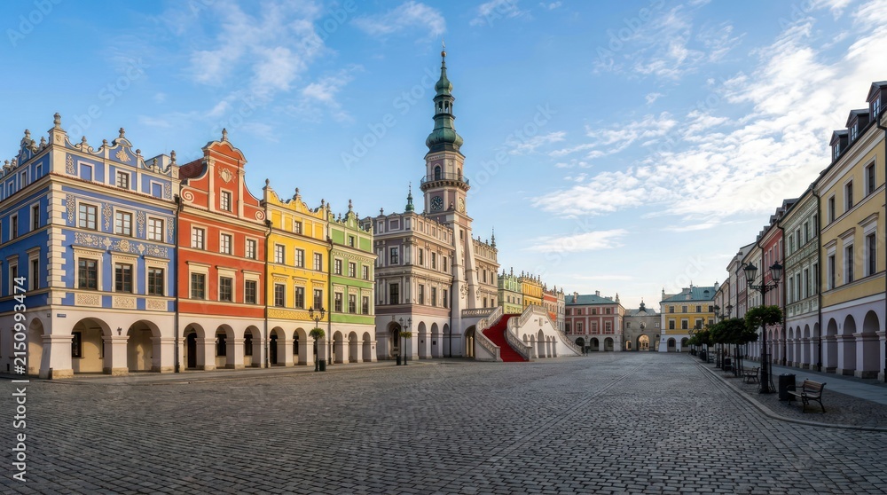 Fototapeta premium Historic Market Square with Colorful Buildings and Clock Tower.