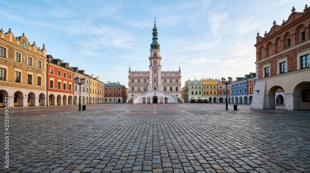 Fototapeta premium Historic Town Square with Renaissance Architecture and Cobblestone Pavement.