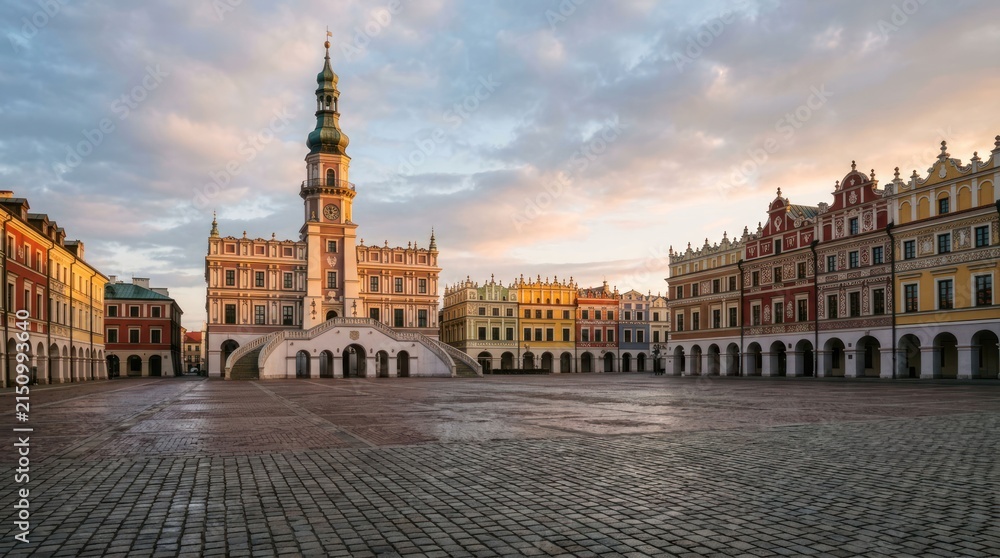Fototapeta premium Historic Town Square with Renaissance Architecture at Sunrise.