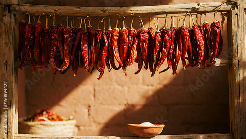 Radiant Red Chili Peppers Drying on Weathered Wooden Rack