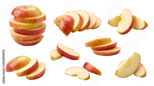 studio photograph of fresh ripe apple slices arranged in multiple compositions, including stacked slices, neat piles, fan arrangement, and scattered pieces. Thick juicy apple rounds with natural textu