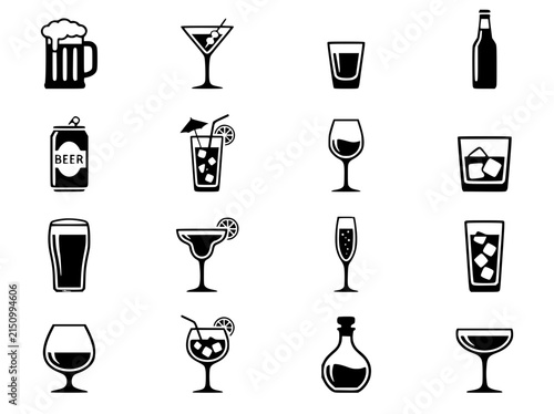 Alcoholic beverage icons set, black minimalist drink symbols, 16 vector cocktail and beer illustrations for bar menus and signage