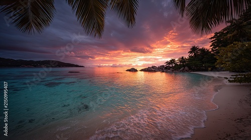 Tropical beach sunset scenery, lounge sofa on sandy shore, palm fronds, gorgeous pink‑orange sunset sky, romantic seaside vacation dusk scene