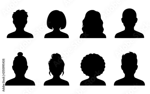Set of diverse human head silhouettes representing various hairstyles and gender neutral profile avatar icons