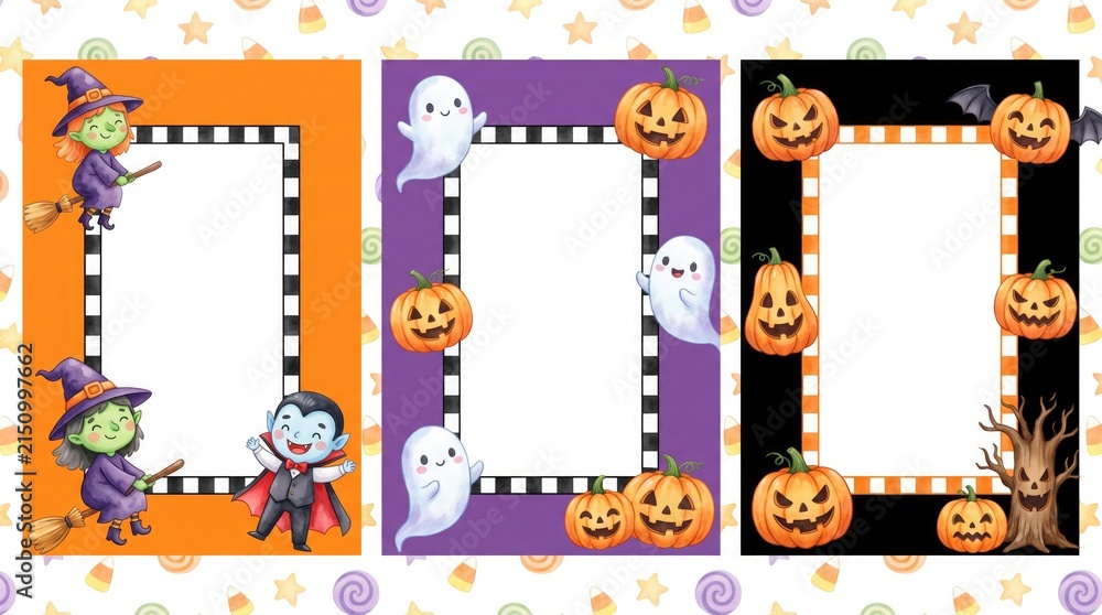 Fototapeta premium Three colorful happy halloween decorative frames featuring cute ghosts pumpkins witches and vampires for festive designs
