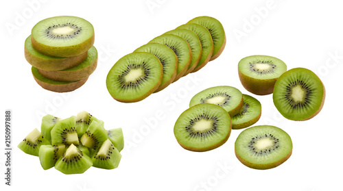 fresh ripe kiwi slices arranged in several attractive compositions including stacked rounds, overlapping slices, neat piles, and scattered pieces. Vibrant green flesh with detailed seeds,