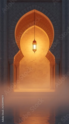 Islamic archway with glowing lantern casting warm light in mystical fog atmosphere