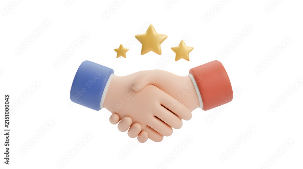 Fototapeta premium 3D handshake icon with gold stars, business partnership and deal agreement concept, professional collaboration symbol on white background