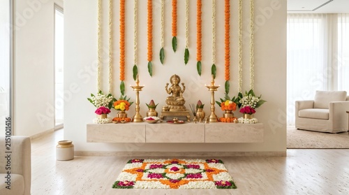 Traditional Indian Home Altar with Deity and Floral Decor