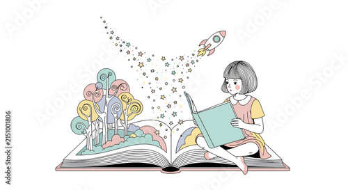 Little Girl Reading an Open Book in Library, Cute Child Studying and Learning Education, Knowledge and Literature Concept, Cartoon Vector Illustration
