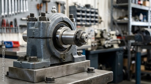 industrial split pillow block bearing housing mounted on machined support for rotating shaft applications