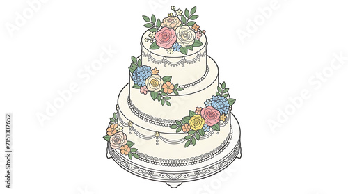 Elegant Three Tier White Wedding Cake Adorned with Delicate Pastel Flowers and Greenery on a Silver Stand Ready for Celebration