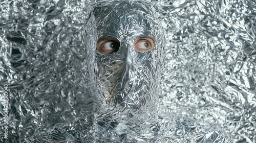 Man Wrapped in Aluminum Foil Camouflaged Against Foil Background Concept of Paranoia and Conspiracy Theory