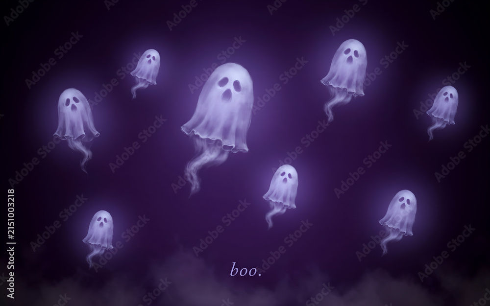 Fototapeta premium Cute ghost characters glowing in dark purple neon light for Halloween party design elements