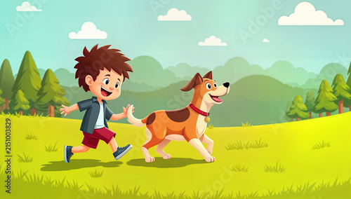 Cartoon illustration of young boy running with happy dog in green meadow landscape outdoors
