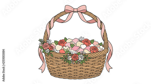 Elegant Wicker Basket Overflowing with Delicate Pink and White Roses Tied with a Soft Ribbon Occasion Decor
