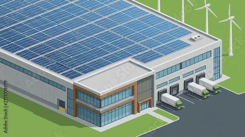 Industrial Warehouse with Rooftop Solar Panels Vector Illustration